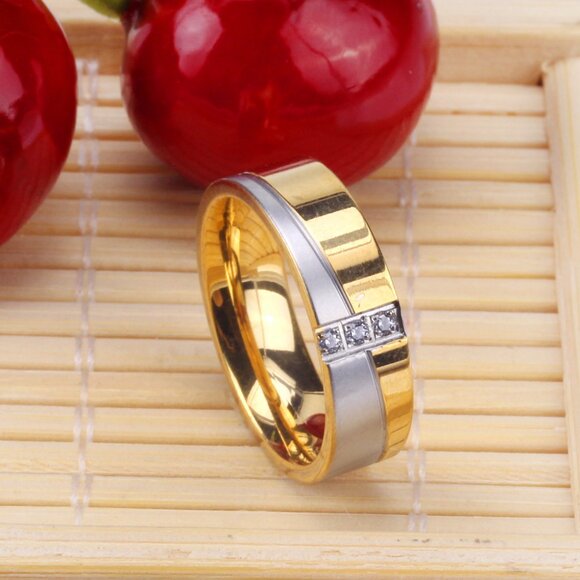 Stainless Steel Cubic Zirconia Two Tone Promise Rings - Picture 1 of 3